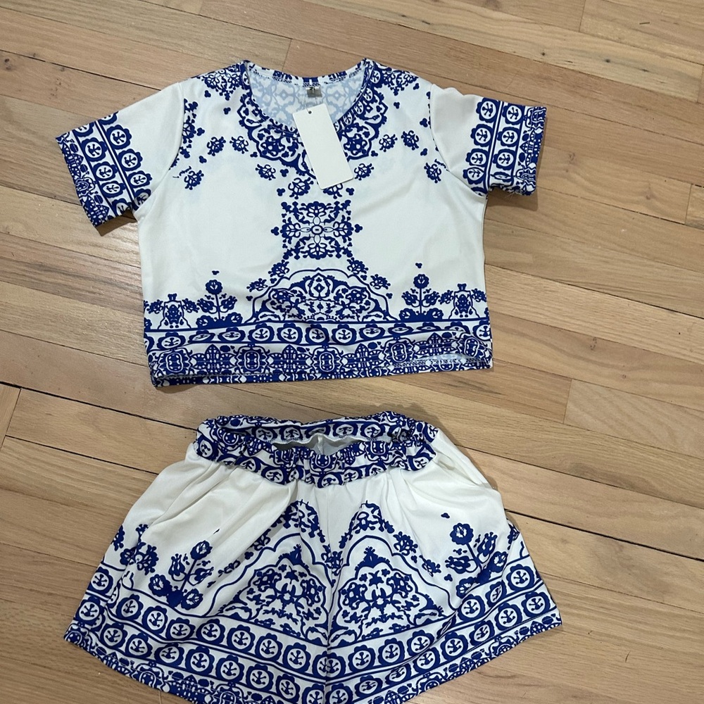 Blue and White Patterned Two-Piece Set NWT PINKUSA
